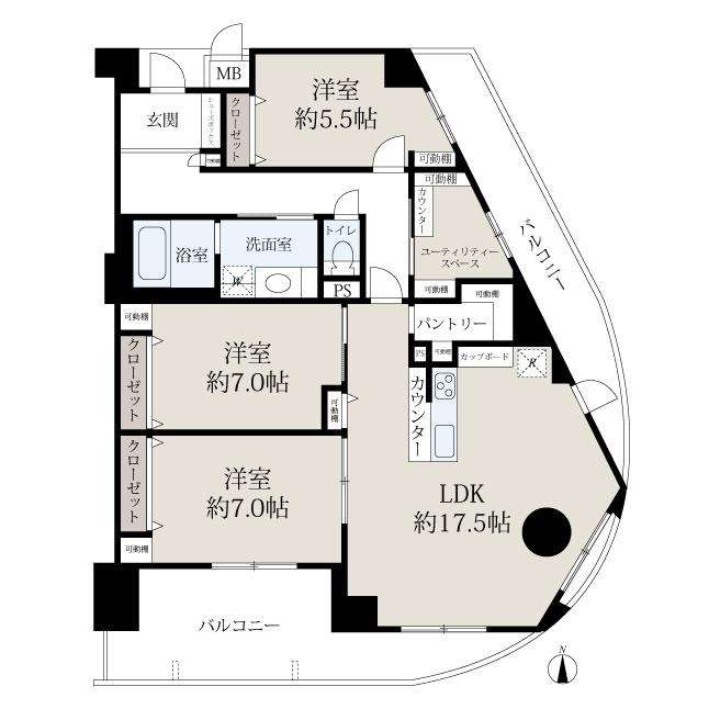 間取り：3LDK、ユーティリティースペース、パントリー